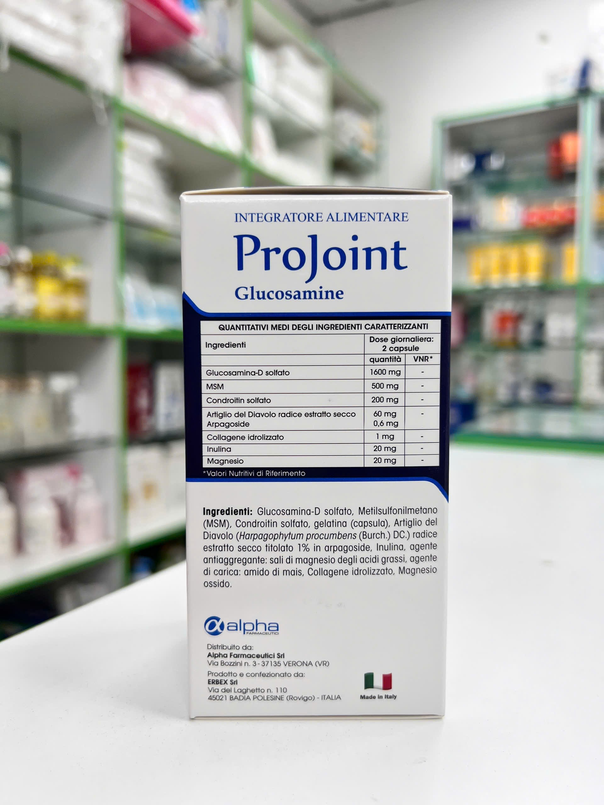ProJoint Glucosamine — mặt sau hộp hiển thị bảng thành phần và thông tin nhà sản xuất